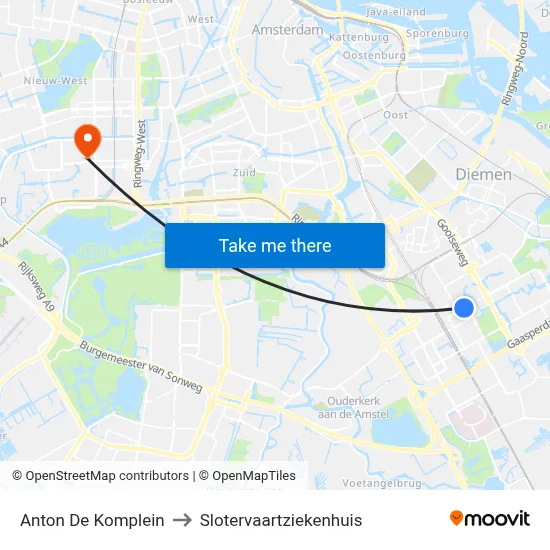 Anton De Komplein to Slotervaartziekenhuis map
