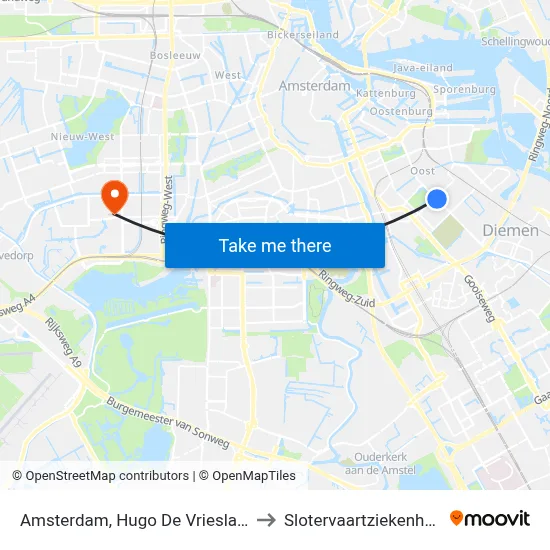 Amsterdam, Hugo De Vrieslaan to Slotervaartziekenhuis map