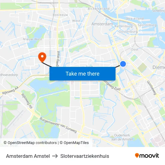 Amsterdam Amstel to Slotervaartziekenhuis map