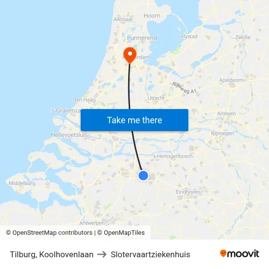 Tilburg, Koolhovenlaan to Slotervaartziekenhuis map
