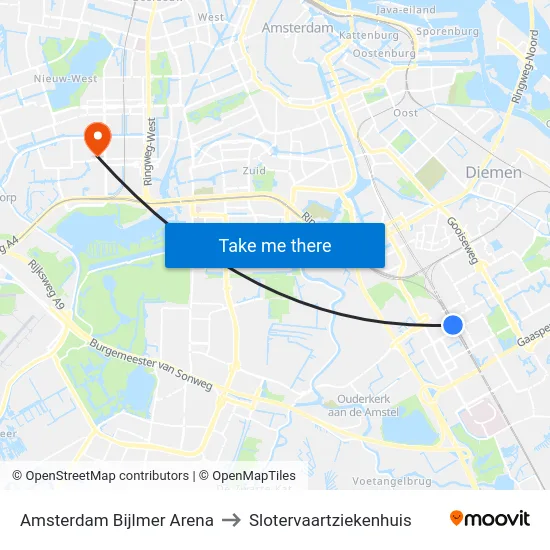 Amsterdam Bijlmer Arena to Slotervaartziekenhuis map