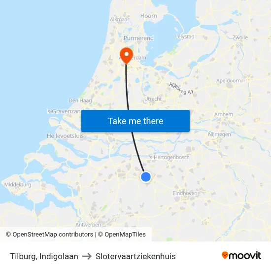 Tilburg, Indigolaan to Slotervaartziekenhuis map
