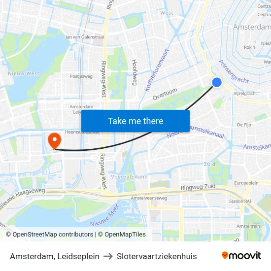 Amsterdam, Leidseplein to Slotervaartziekenhuis map