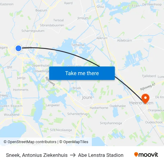 Sneek, Antonius Ziekenhuis to Abe Lenstra Stadion map