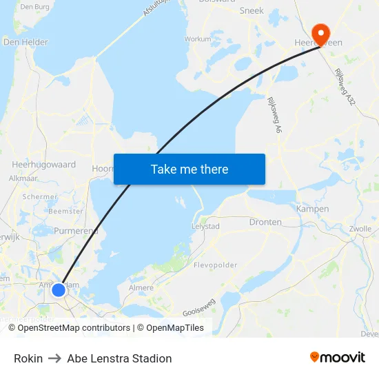 Rokin to Abe Lenstra Stadion map