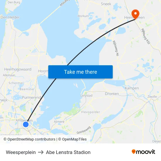 Weesperplein to Abe Lenstra Stadion map