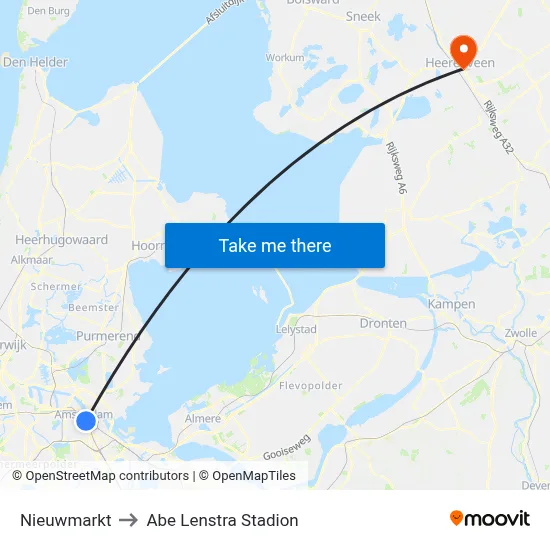 Nieuwmarkt to Abe Lenstra Stadion map