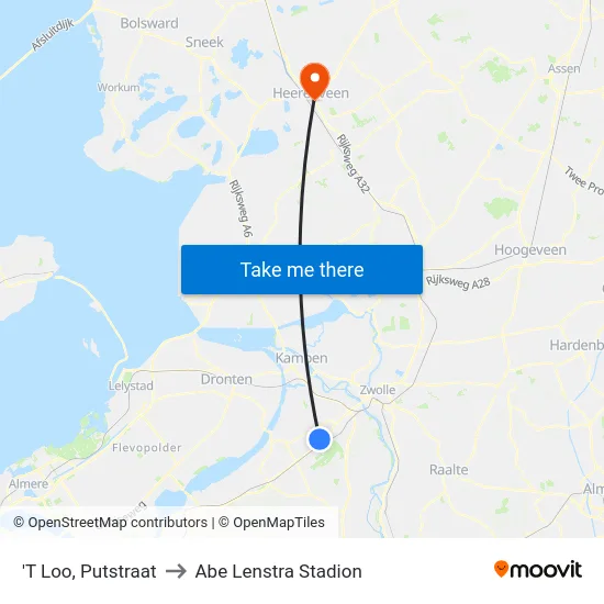 'T Loo, Putstraat to Abe Lenstra Stadion map