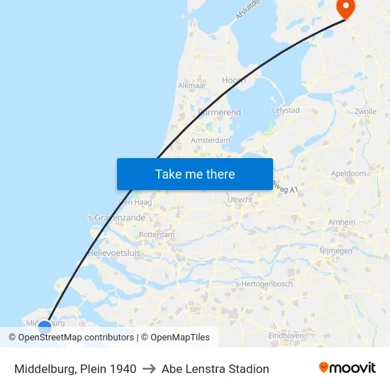 Middelburg, Plein 1940 to Abe Lenstra Stadion map
