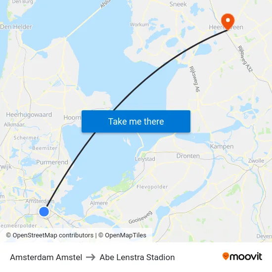 Amsterdam Amstel to Abe Lenstra Stadion map