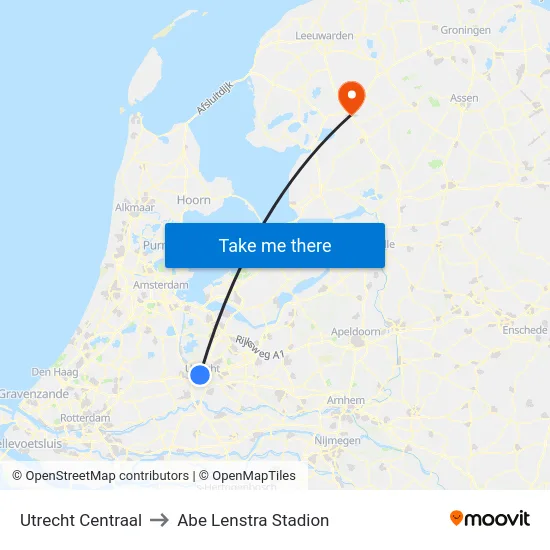 Utrecht Centraal to Abe Lenstra Stadion map