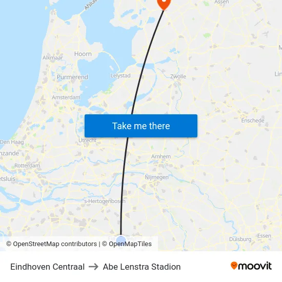 Eindhoven Centraal to Abe Lenstra Stadion map