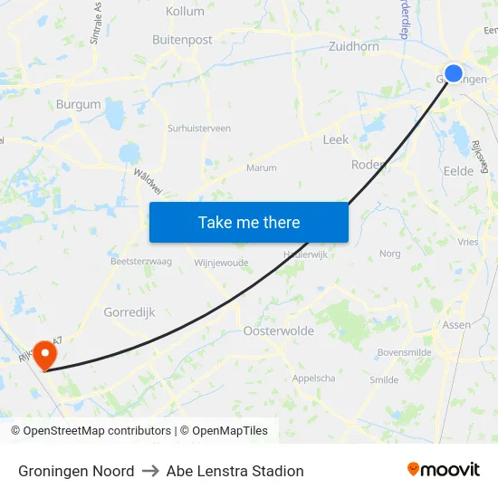 Groningen Noord to Abe Lenstra Stadion map