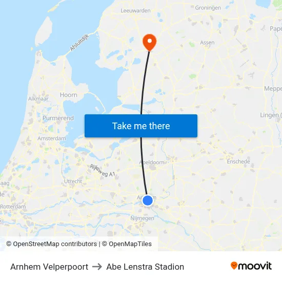 Arnhem Velperpoort to Abe Lenstra Stadion map