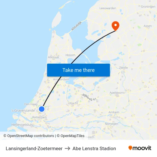 Lansingerland-Zoetermeer to Abe Lenstra Stadion map