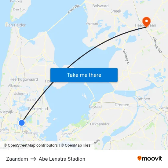 Zaandam to Abe Lenstra Stadion map