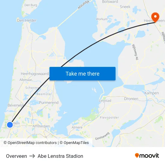 Overveen to Abe Lenstra Stadion map