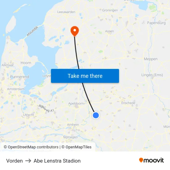 Vorden to Abe Lenstra Stadion map