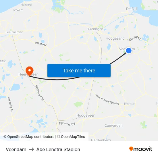 Veendam to Abe Lenstra Stadion map