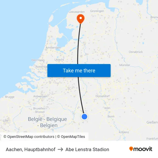 Aachen, Hauptbahnhof to Abe Lenstra Stadion map