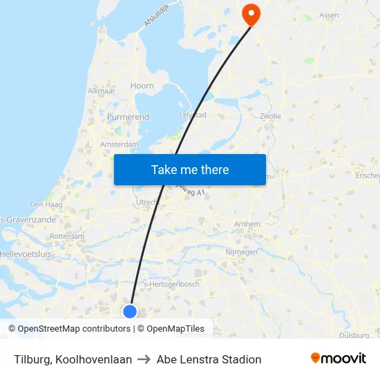 Tilburg, Koolhovenlaan to Abe Lenstra Stadion map