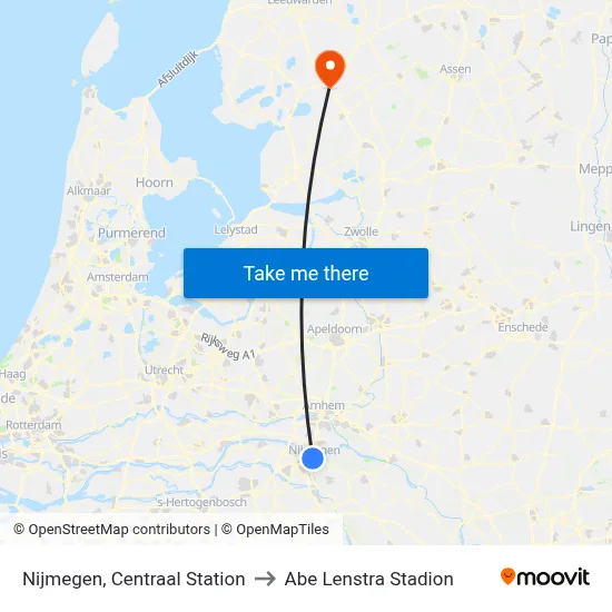 Nijmegen, Centraal Station to Abe Lenstra Stadion map