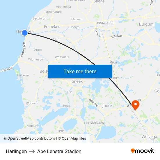Harlingen to Abe Lenstra Stadion map