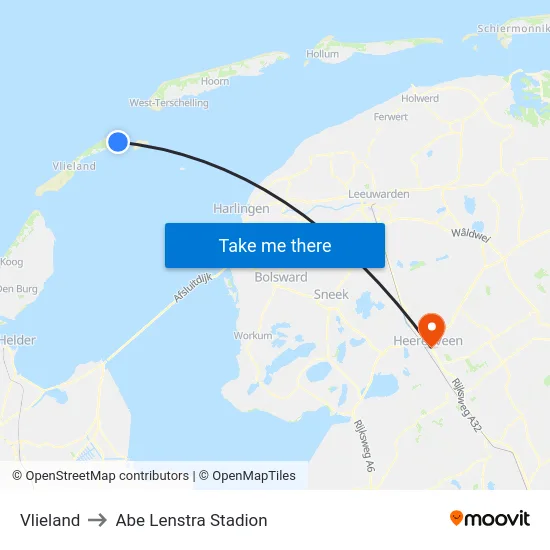 Vlieland to Abe Lenstra Stadion map