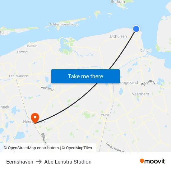 Eemshaven to Abe Lenstra Stadion map