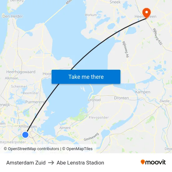 Amsterdam Zuid to Abe Lenstra Stadion map