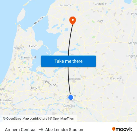 Arnhem Centraal to Abe Lenstra Stadion map