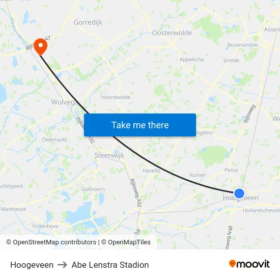Hoogeveen to Abe Lenstra Stadion map