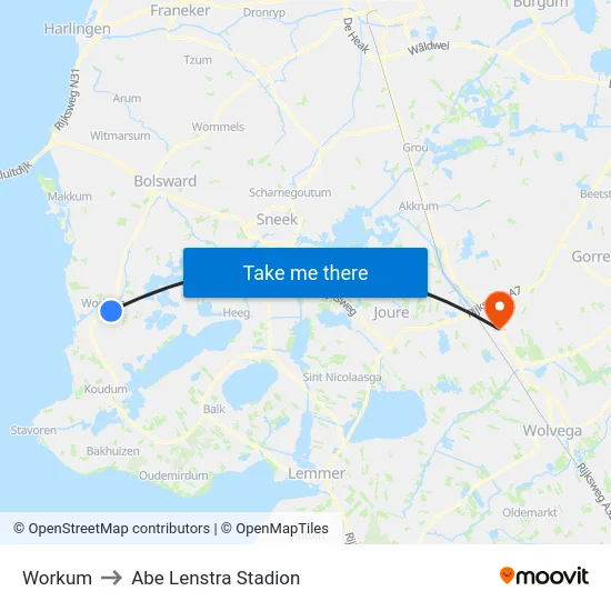 Workum to Abe Lenstra Stadion map