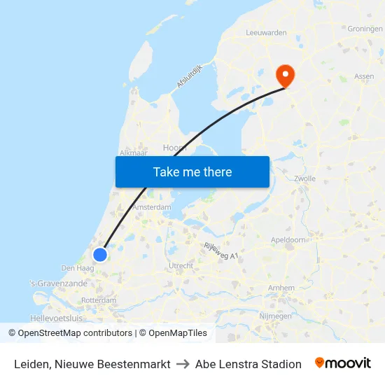 Leiden, Nieuwe Beestenmarkt to Abe Lenstra Stadion map
