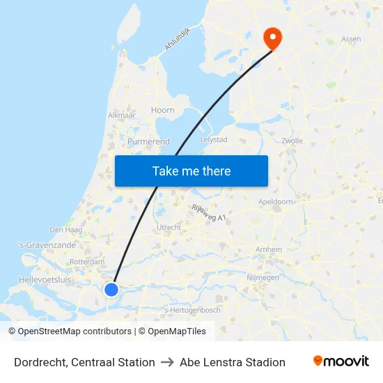Dordrecht, Centraal Station to Abe Lenstra Stadion map