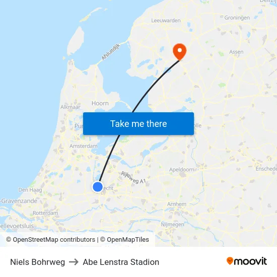 Niels Bohrweg to Abe Lenstra Stadion map