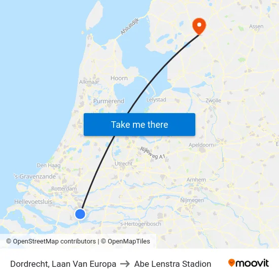 Dordrecht, Laan Van Europa to Abe Lenstra Stadion map
