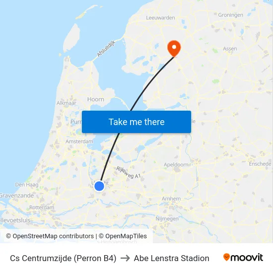 Cs Centrumzijde (Perron B4) to Abe Lenstra Stadion map
