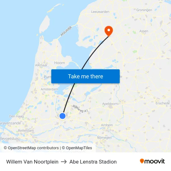 Willem Van Noortplein to Abe Lenstra Stadion map