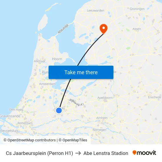 Cs Jaarbeursplein (Perron H1) to Abe Lenstra Stadion map