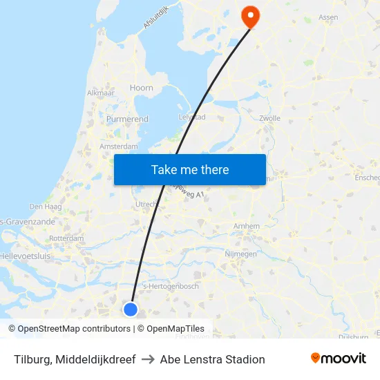 Tilburg, Middeldijkdreef to Abe Lenstra Stadion map