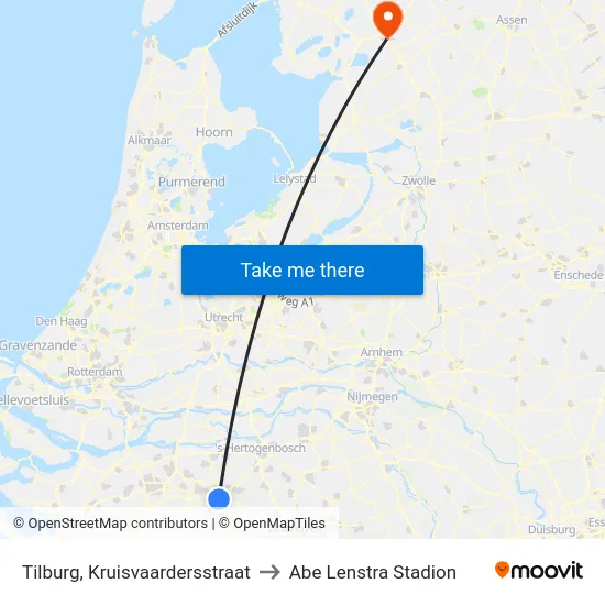 Tilburg, Kruisvaardersstraat to Abe Lenstra Stadion map