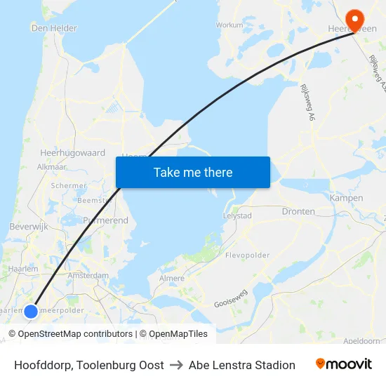 Hoofddorp, Toolenburg Oost to Abe Lenstra Stadion map