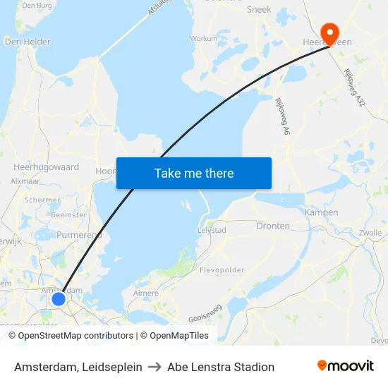 Amsterdam, Leidseplein to Abe Lenstra Stadion map