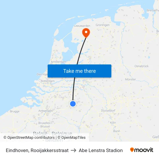 Eindhoven, Rooijakkersstraat to Abe Lenstra Stadion map