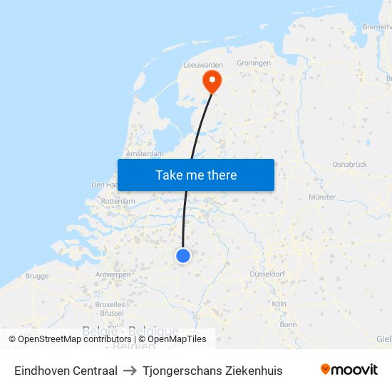 Eindhoven Centraal to Tjongerschans Ziekenhuis map