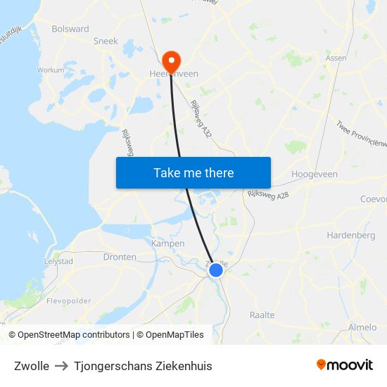 Zwolle to Tjongerschans Ziekenhuis map