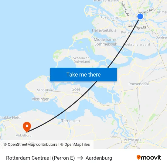 Rotterdam Centraal (Perron E) to Aardenburg map