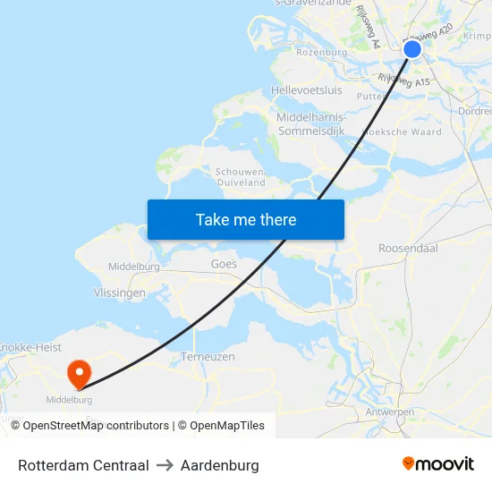 Rotterdam Centraal to Aardenburg map