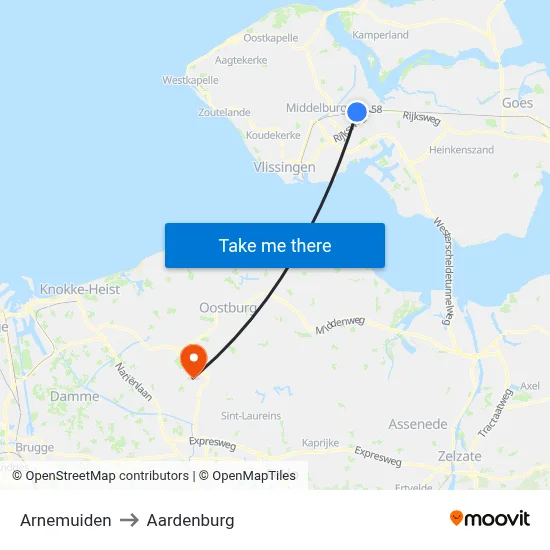 Arnemuiden to Aardenburg map